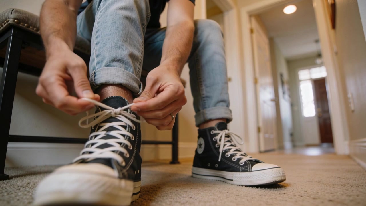 Uomo in jeans che si china in avanti per stringere i lacci bianchi della scarpa da ginnastica sinistra all'ingresso, preparandosi ad uscire.