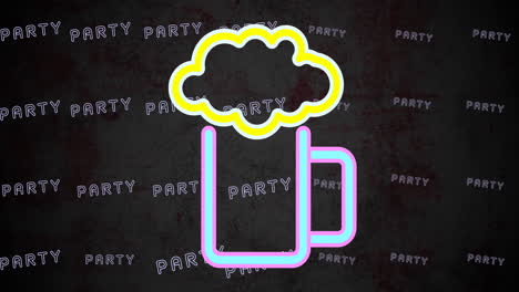 animatie van bierglas over feestneontext op zwarte achtergrond