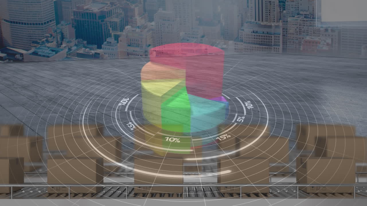 Statistical data processing against delivery boxes on conveyor belt against cityscape