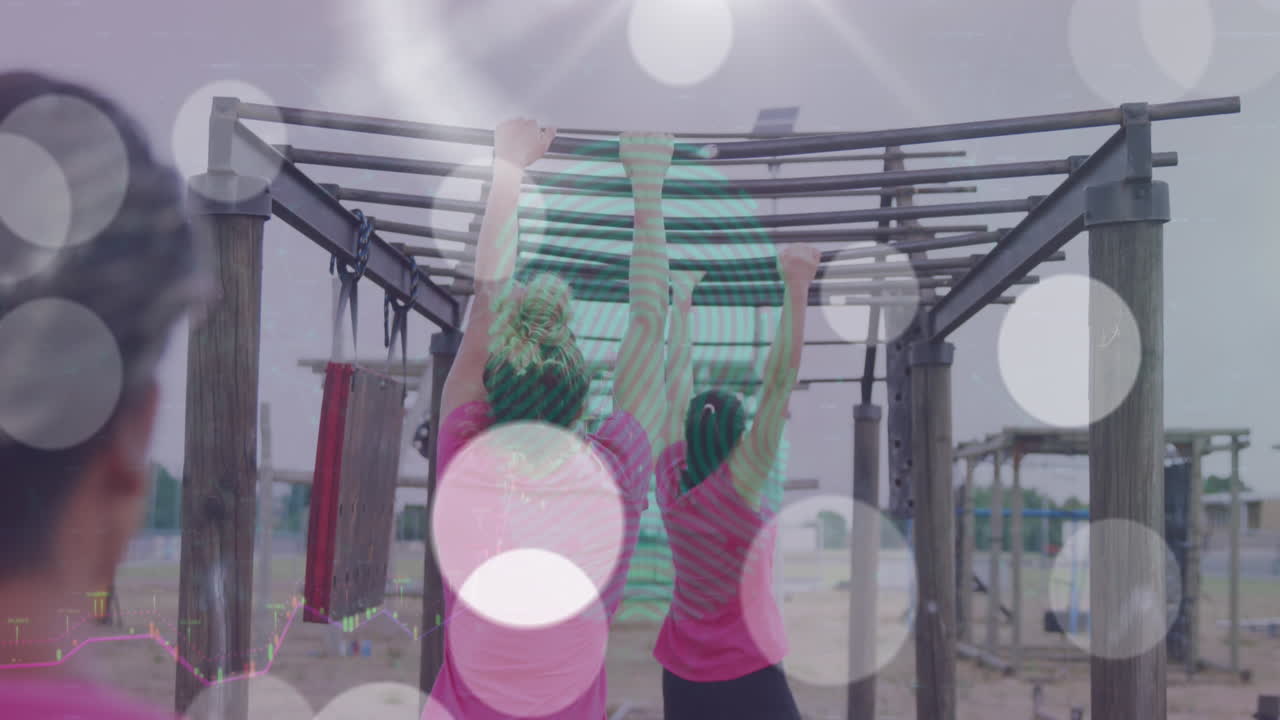 부트 캠프 훈련에서 원이 바에 있는 다양한 여성들에 대한 빛 반점과 락의 애니메이션