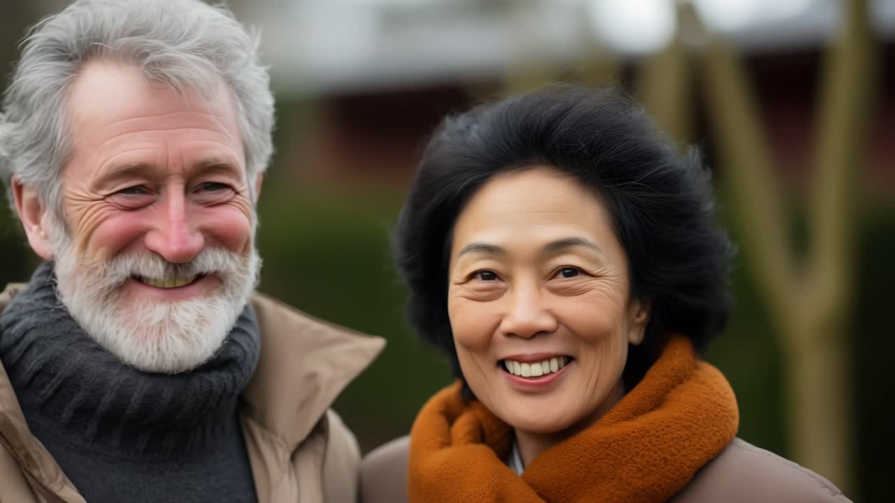 Happy retired couple enjoying a joyful moment outdoors, smiling warmly while sharing a tender display of affection and deep connection amidst the beauty of nature