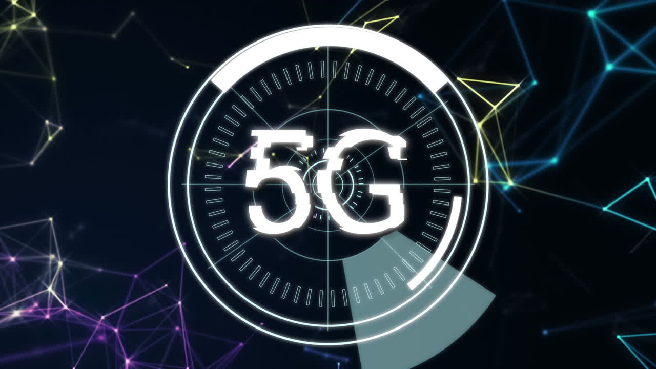 5g scritto nel mezzo di cerchi futuristici e linee asimmetriche