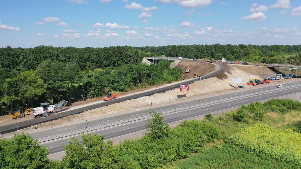 Road junction construction. Sky view of bridge repair on highway road
