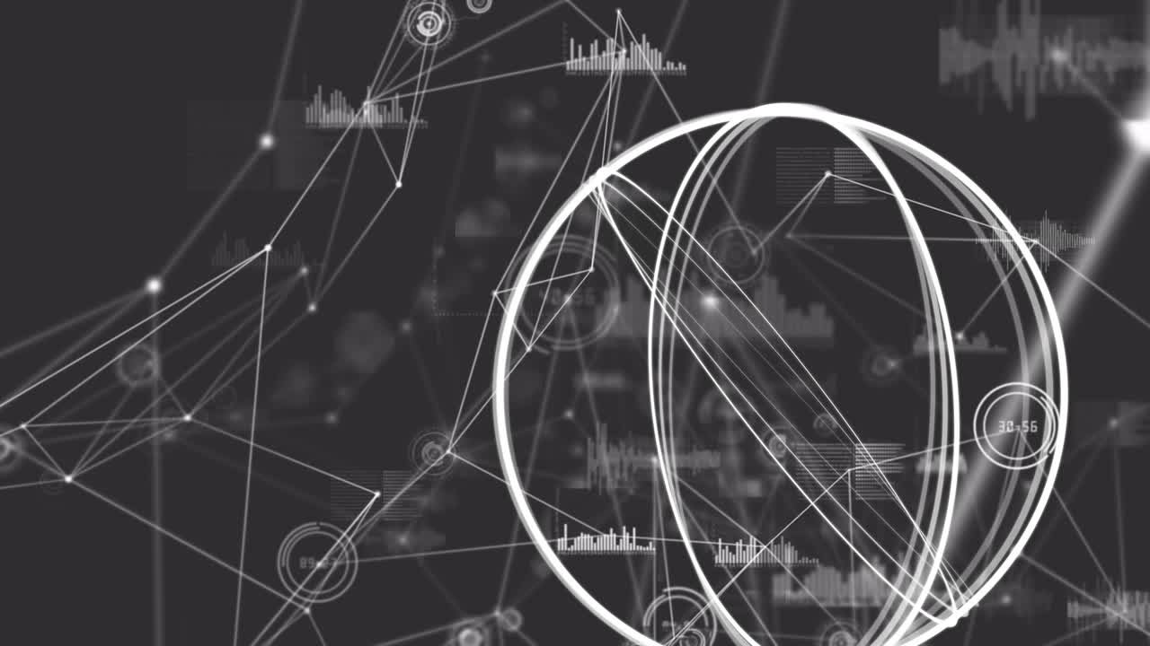 연결 네트워크를 통해  ⁇ 색 원의 애니메이션과 검은색 배경의 데이터 처리