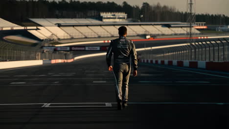 a person walks on a racetrack