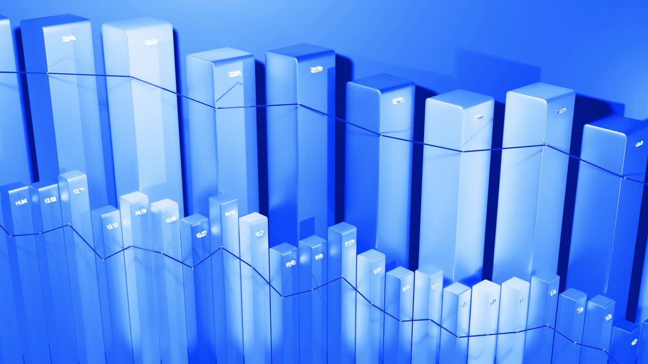 Abstract infographics. Crisis, stagnation and recession concept. Downgrade graph from columns. Economic loop background with copy-space in 4k. Beautiful 3d bars as chart of statistic data in blue.