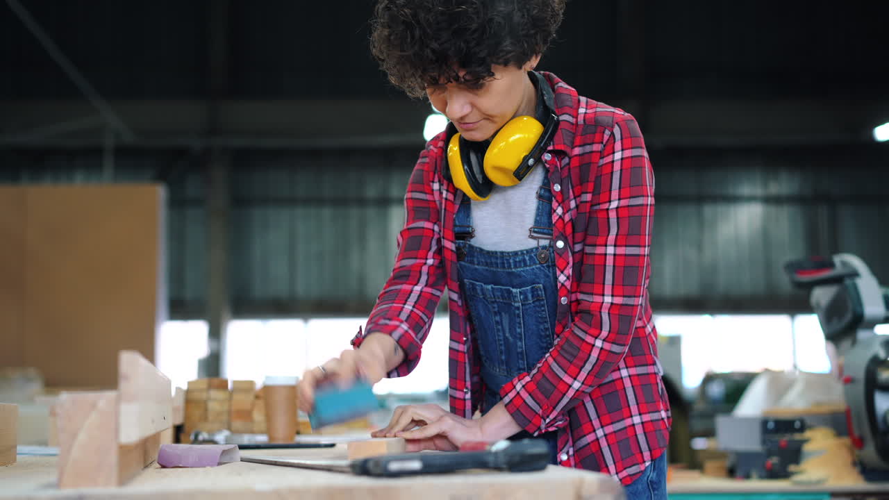 Woman Woodworker Sanding Wood