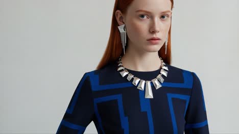 elegant model showcasing statement jewelry in a stylish outfit, capturing modern fashion with bold designs and striking accessories for a chic look