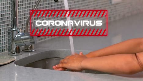 animation of the word coronavirus written in red frame over person washing hands.