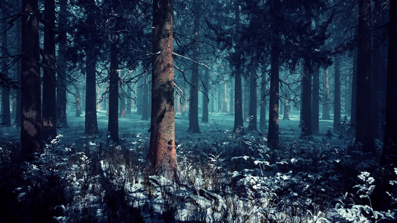pine forest illuminated by the morning sun on a foggy early spring day