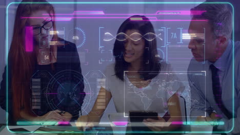 analyzing data with futuristic digital interface overlay, business professionals collaborating