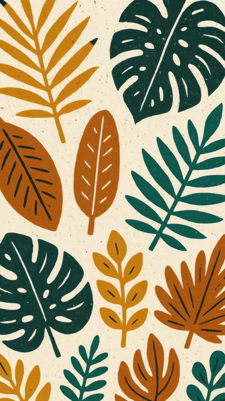 Flat lay of colorful tropical leaves on a speckled background, perfect for a nature-themed video