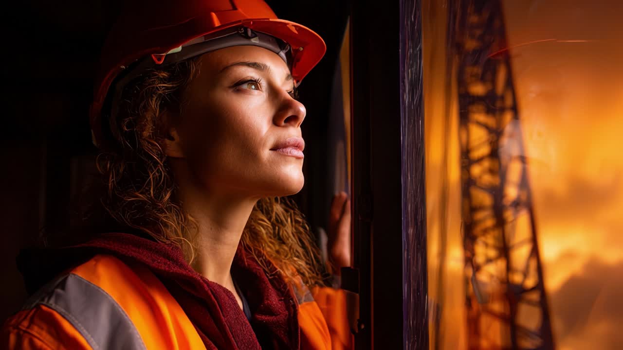 A Reflective Moment: A Woman in Safety Gear Observes the Dusk From Within a Construction Site, Emphasizing Focus and Determination Amid a Beautiful Sunset Backdrop