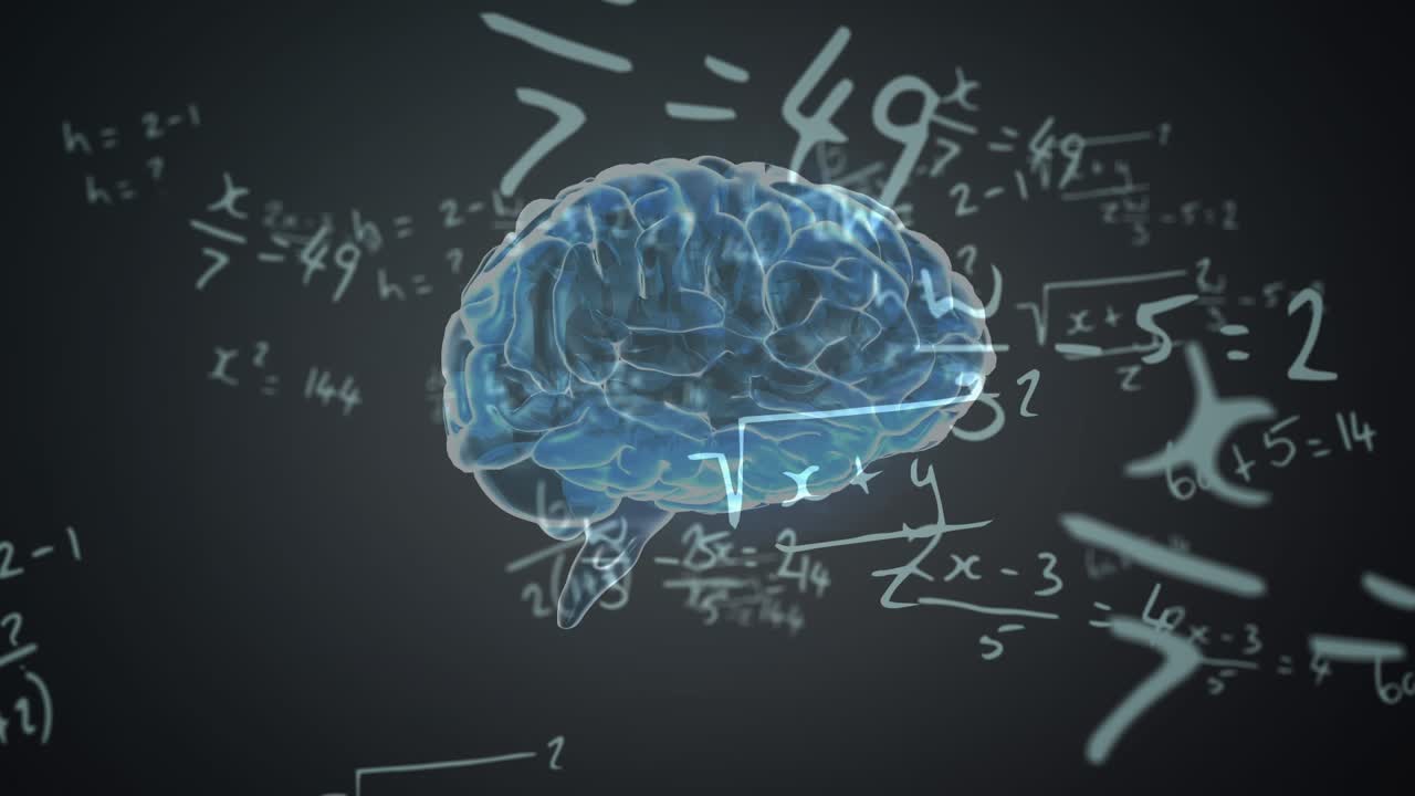 Animation of rotating brain and math formulas on black background