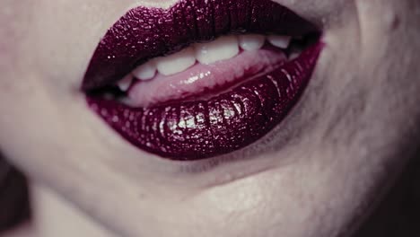 labios de mujer con lápiz labial oscuro en contraste con pétalos florales marchitos, mezclando elegancia gótica y belleza melancólica en una composición dramática de primer plano