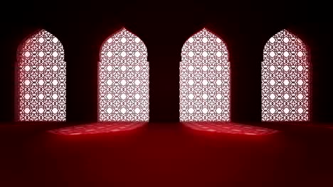 islamic interior mosque window or door with beam of ray light coming inside . ramadan kareem islamic motion background. 3d animation.
