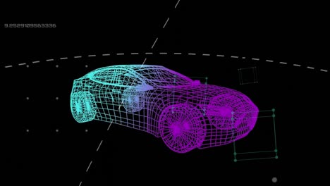 Animación-De-Formas-Que-Caen-Sobre-Un-Dibujo-De-Coche-En-3D-Girando-Sobre-Fondo-Negro.