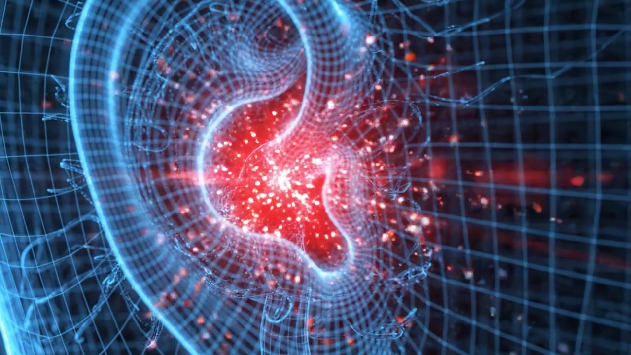 Exploring the Intricate Structure of the Human Ear through Futuristic 3D Wireframe Animation Visualizing Sound Dynamics and Ear Anatomy