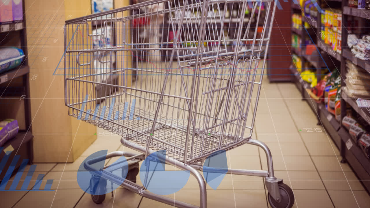 시장에서 쇼핑 카트를 통해 금융 그래프와 데이터 처리의 애니메이션