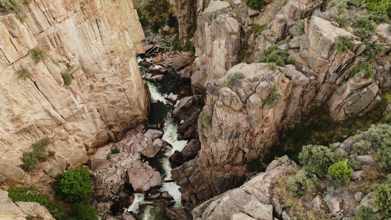 Overhead shot of a canyon's rock formations and its river below.
