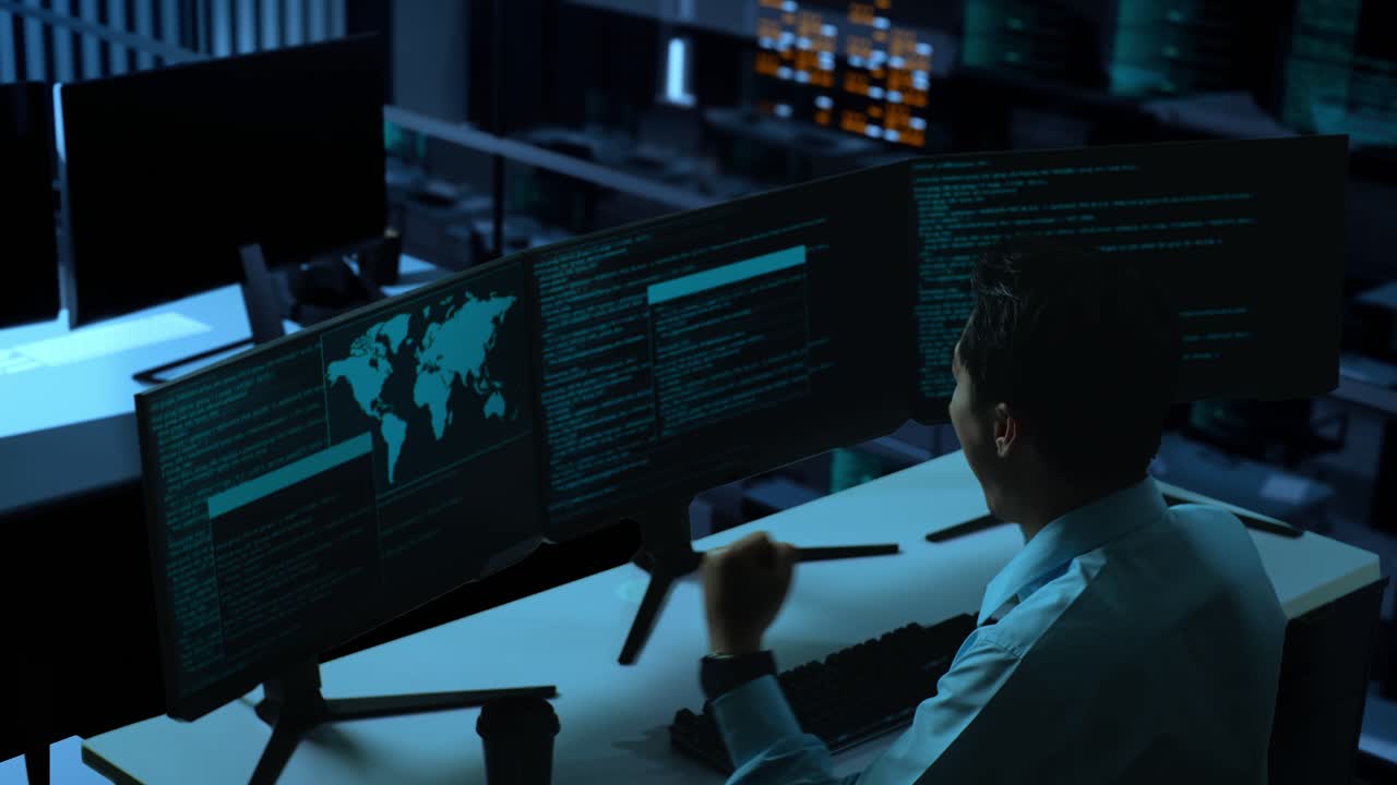 Side View Of Happy Asian Man Developer Celebrating While Write Code With Multiple Computer Screens In The Office