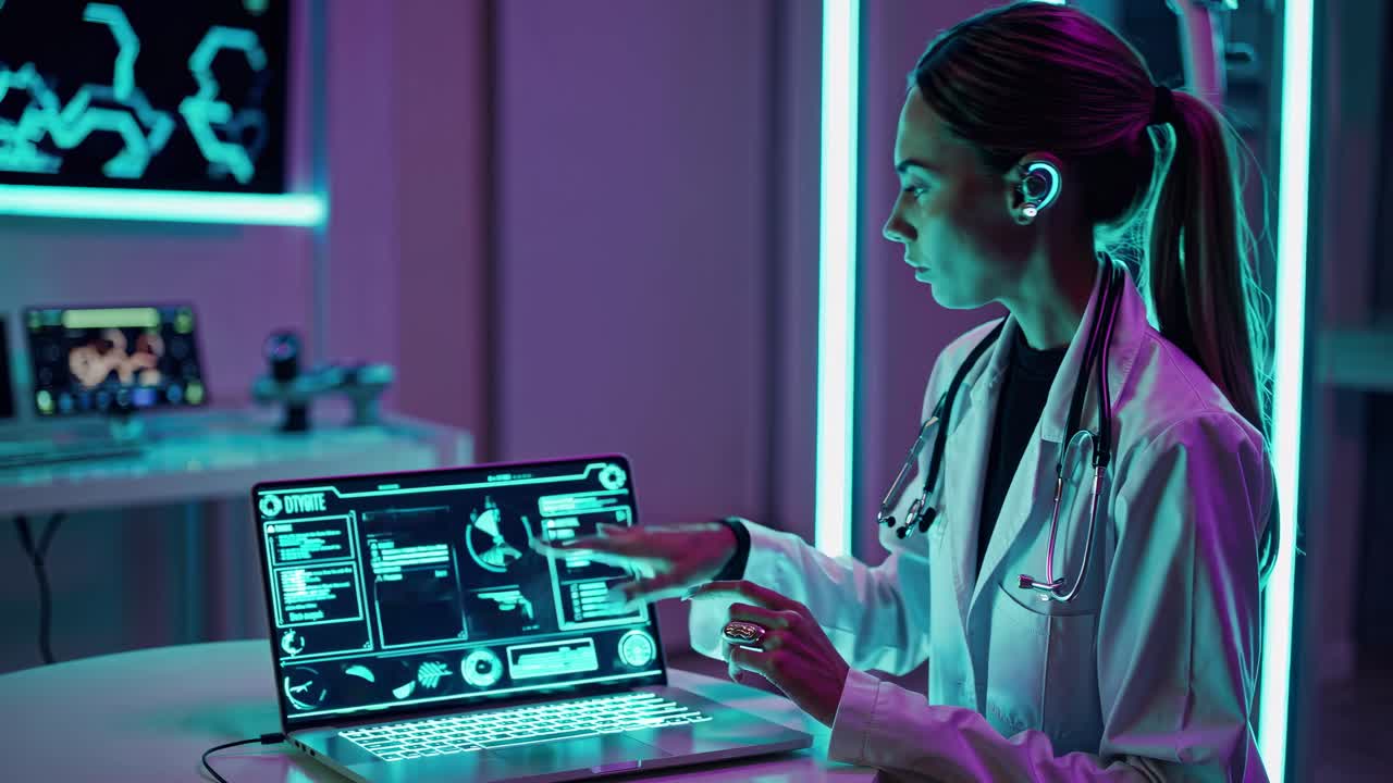 Female Doctor Working on a Futuristic Laptop in a Neon-Lit Medical Lab