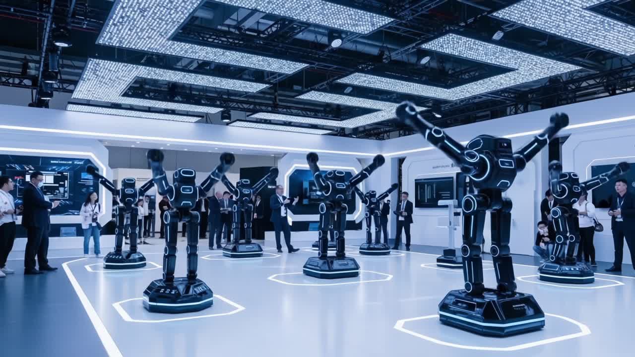Showcasing Innovative Robotics: A Dynamic Display of Advanced Robotic Technology at an Exhibition, Featuring Interactive Robots Engaging with Attendees