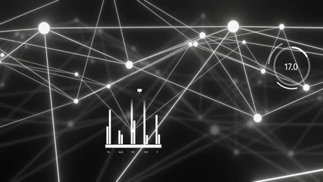 animación del procesamiento de datos, red de conexiones con nodos brillantes sobre fondo negro