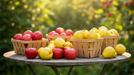 a vibrant display of fresh red and yellow apples in wooden baskets under a brilliant sunlit garden, showcasing nature's bounty and the joy of harvesting fruits