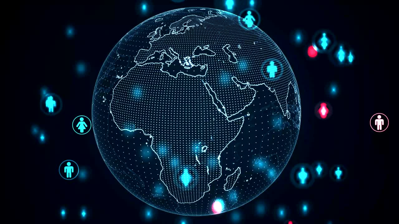 Many people above spinning Earth globe. Social network concept. Looping animation.