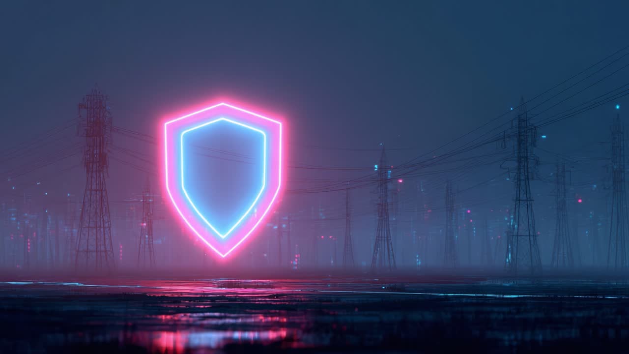A neon shield symbol illuminates a misty landscape dotted with electrical towers, creating a striking composition that blends technology with a moody, atmospheric backdrop