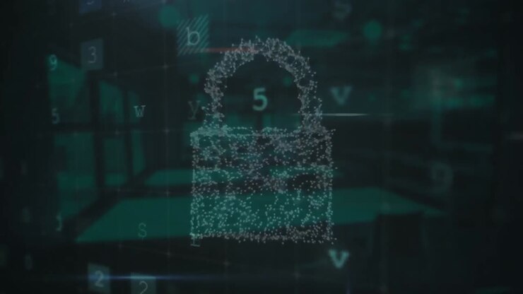 Animation of cyber security data processing and security padlock icon against green background