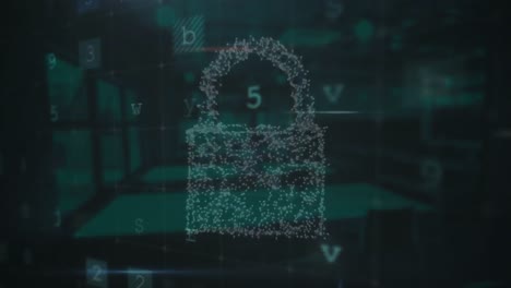 Animation-of-cyber-security-data-processing-and-security-padlock-icon-against-green-background