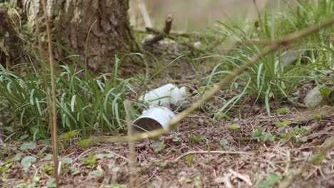 Una-Mano-En-Un-Guante-Protector-Recoge-Basura-Plástica-En-El-Bosque