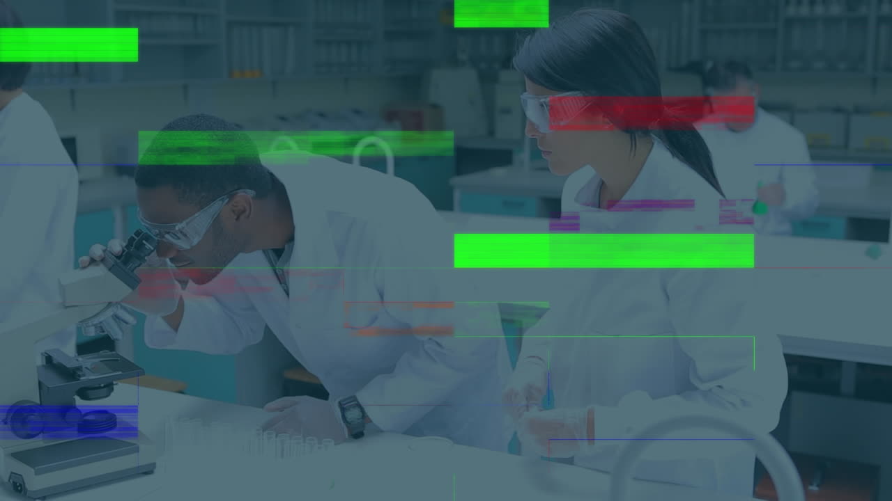 animación de interferencia sobre diversos científicos varones y mujeres utilizando el microscopio