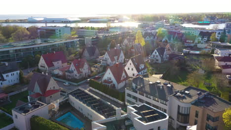 Aerial-View-of-Suburban-Neighborhood-with-Diverse-Housing-during-golden-hour