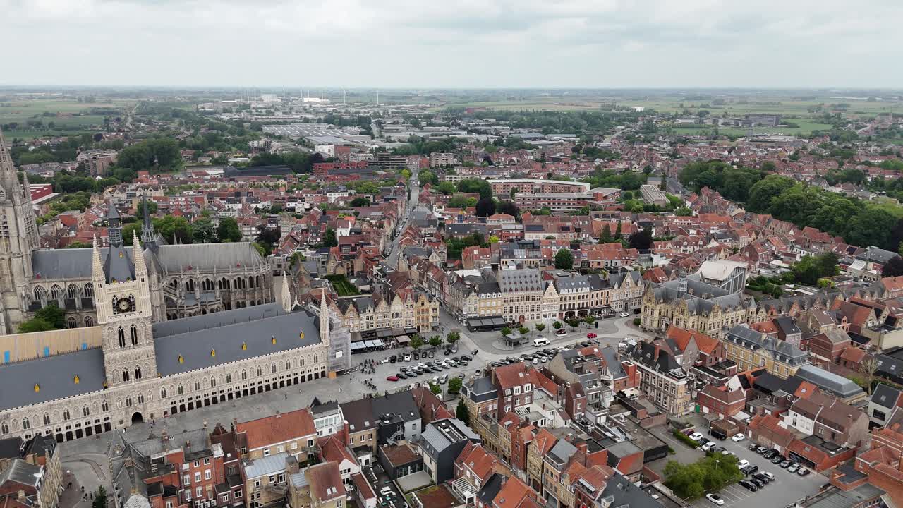 Ypres city centre Belgium establishing aerial shot pan