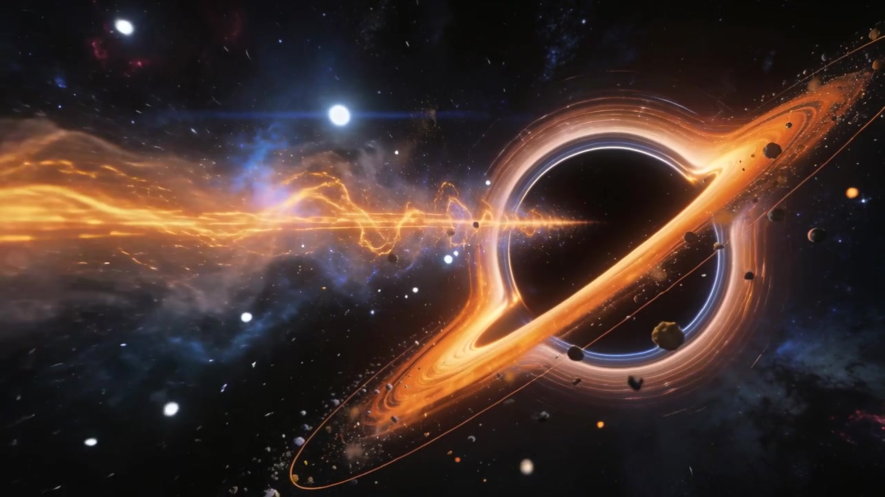 Streaming plasma from blue nebula threading into luminous disk at black hole, with orbiting debris