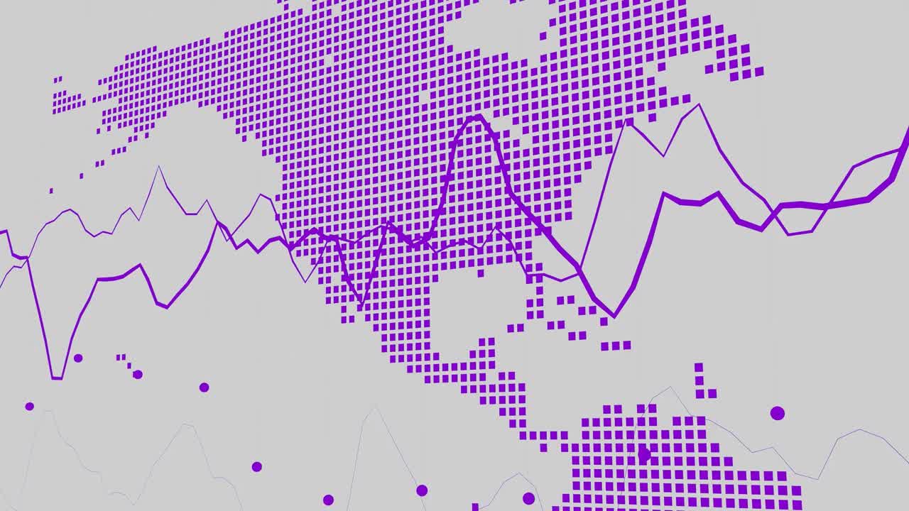 북미와 아시아를 강조하는 픽셀화 된 보라색 지도, 색 배경에 파동 형태가 여있는 글로벌 분석, 기술 및 데이터 시각화 개념