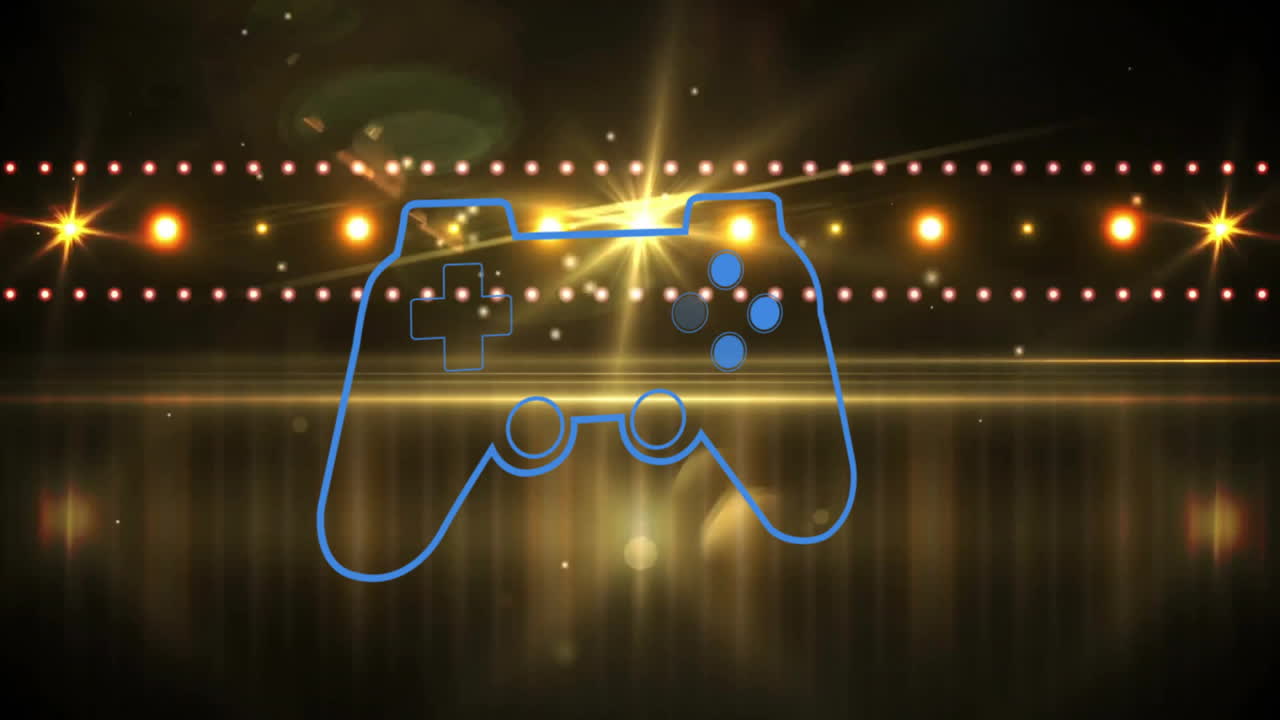 Animation of glowing game controller outline with bright lights and reflections