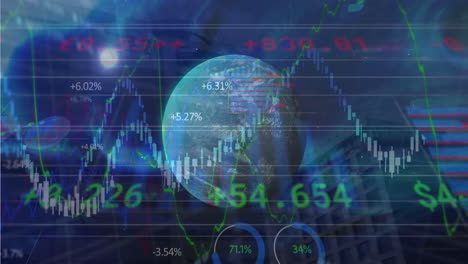 animación del procesamiento de datos estadísticos y bursátiles sobre un globo giratorio contra edificios altos.