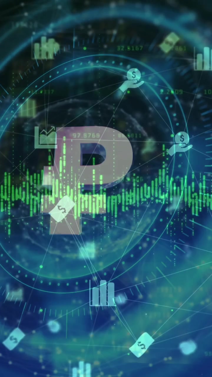 Animazione del simbolo 'p' della criptovaluta, scansioni e elaborazione dati