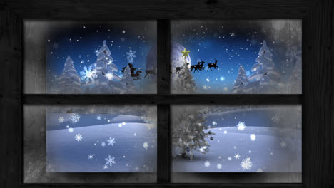 Animation-Von-Schnee-über-Dem-Weihnachtsmann-Im-Schlitten-Mit-Rentieren-In-Einer-Winterlandschaft,-Gesehen-Durch-Das-Fenster