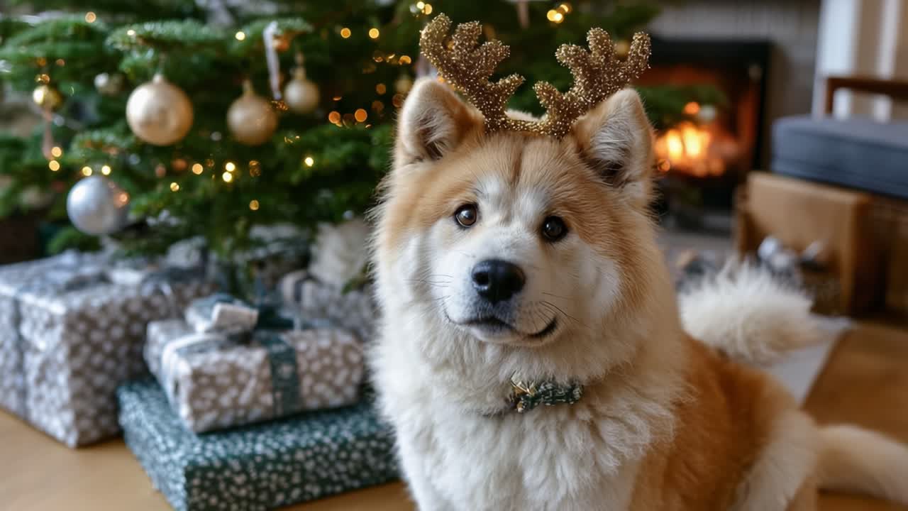 Festive Dog in Holiday Decor: An Adorable Akita with Antlers Near a Christmas Tree Surrounded by Presents and Warm Glow