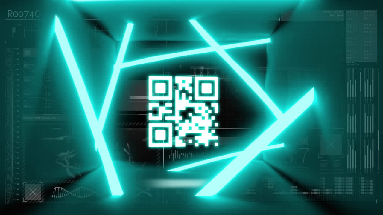 Digital animation of neon green qr code and lines over digital interface with data processing