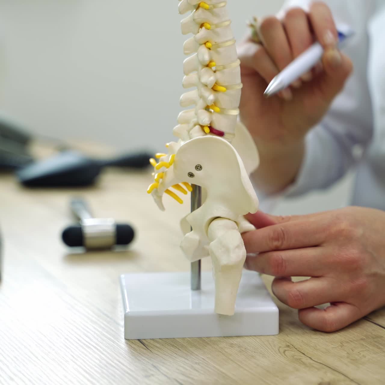 Unrecognized doctor's hands holding a pen pointing at back skeleton model. Neurologist discussing and explaining the problems with spine