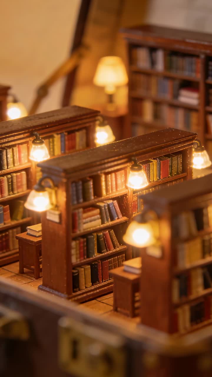 Vertical video: Shifting camera focus revealing mini shelf with books in library to show warm lamps