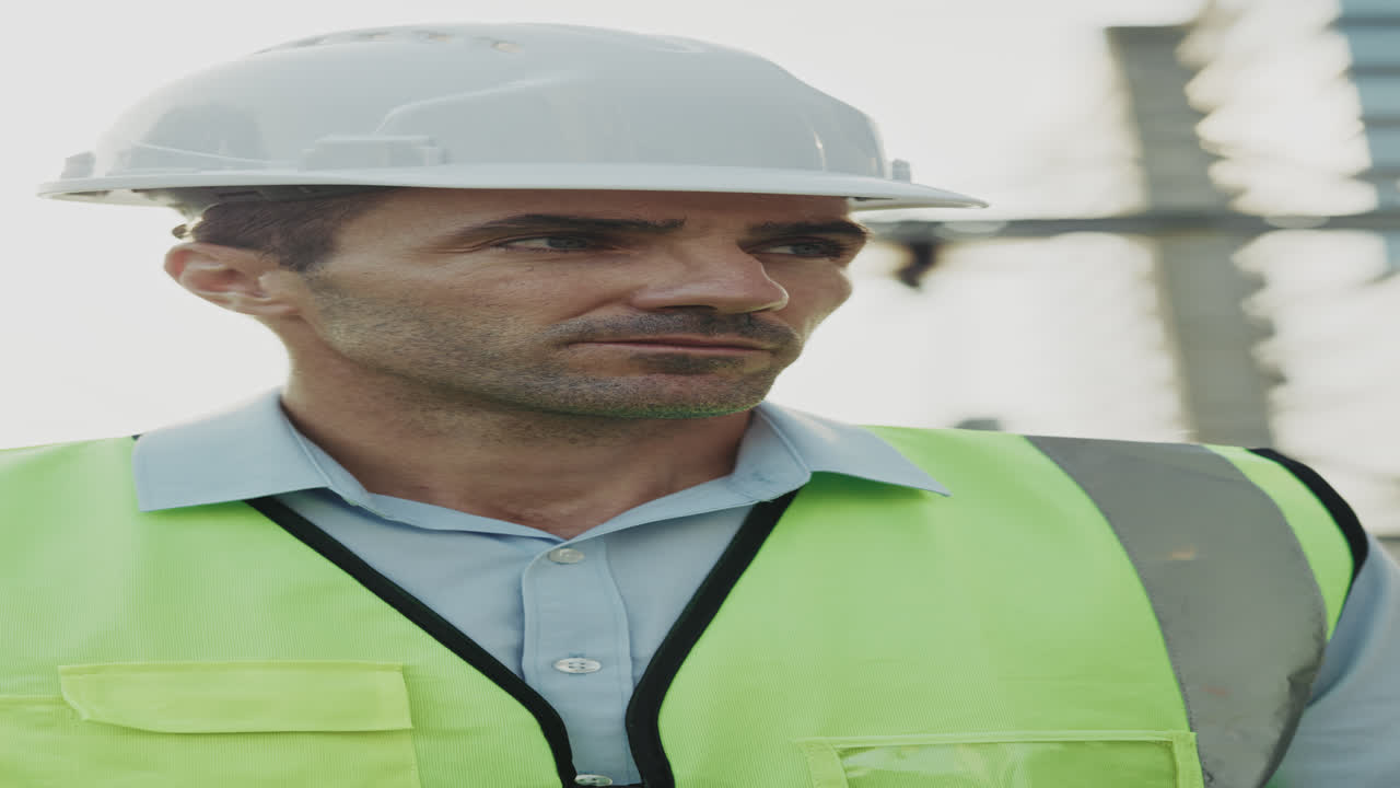 Construction worker with walkie talkie