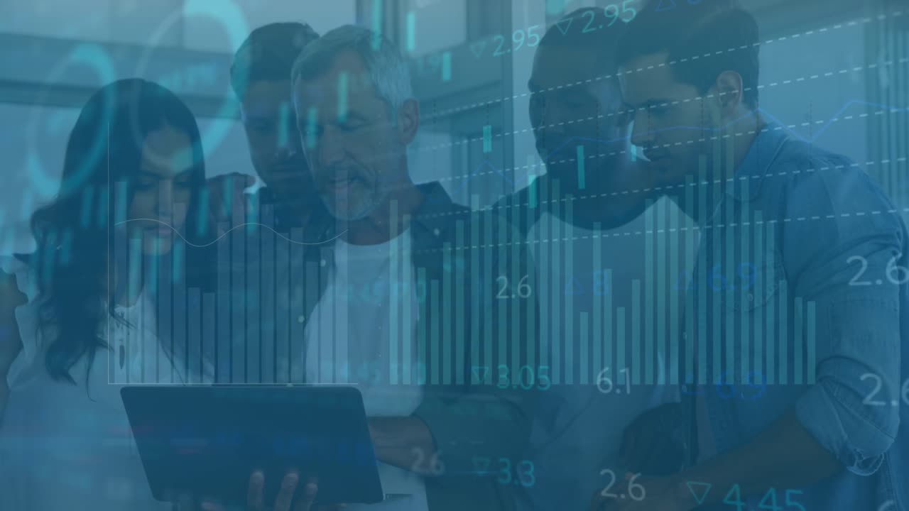 Animation of data processing over diverse business people in office