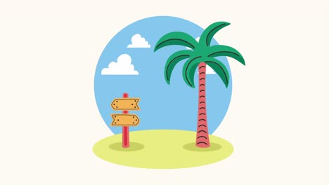 escena de una isla tropical con palmeras y señales de dirección
